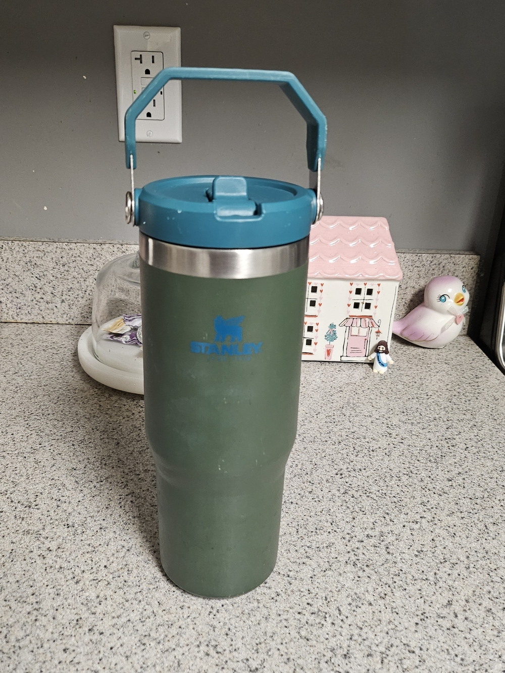 Stanley Olive Green Travel Tumbler with Teal Lid and Carry Handle